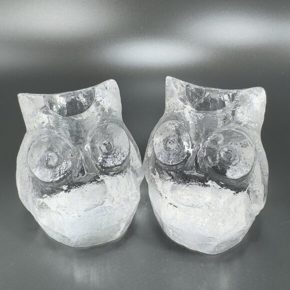 Vintage Swedish Glass Clear Owl Candle Stick Holder Tapper Holder Set Textured - Picture 1 of 11